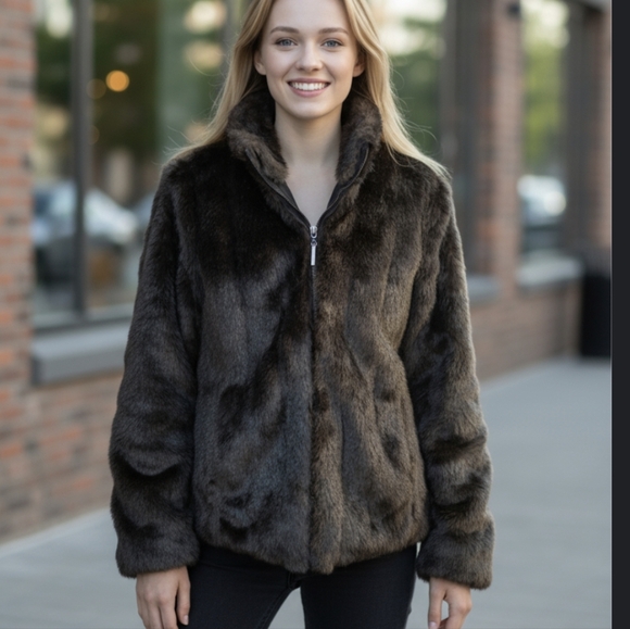 Vtg Atelier reversible plush black faux fur/cloth Old Money warm zip jacket sz S - Picture 1 of 10